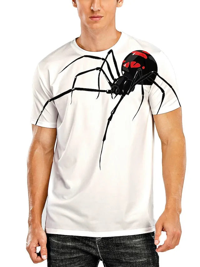 3D Printed Spider Design Men's Tee Shirt in Cream Linen - Unique Vertigo Digital Print Casual Wear for Big and Tall