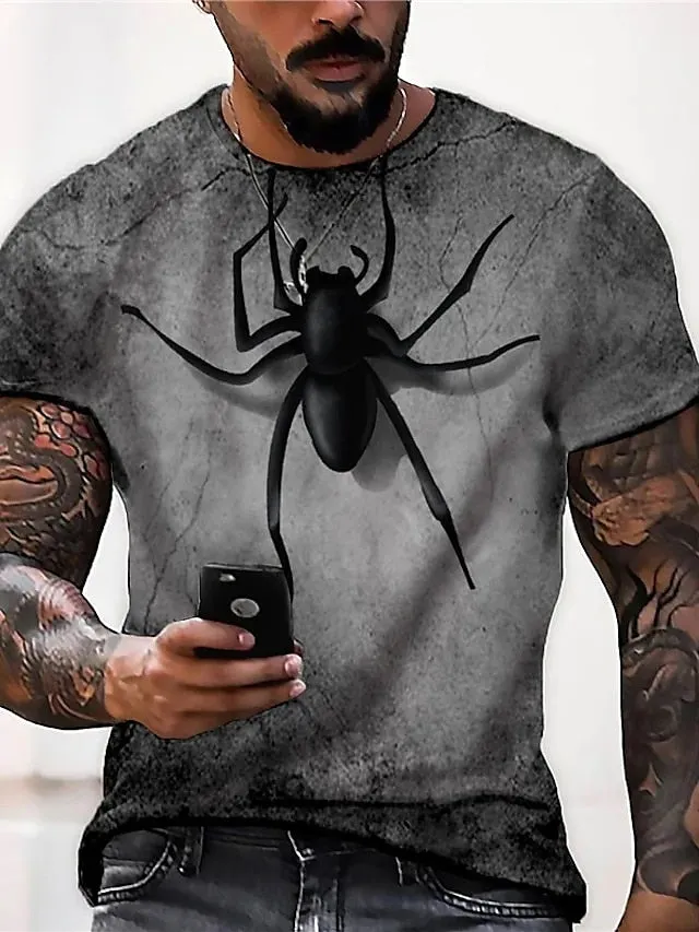 3D Printed Spider Design Men's Tee Shirt in Cream Linen - Unique Vertigo Digital Print Casual Wear for Big and Tall