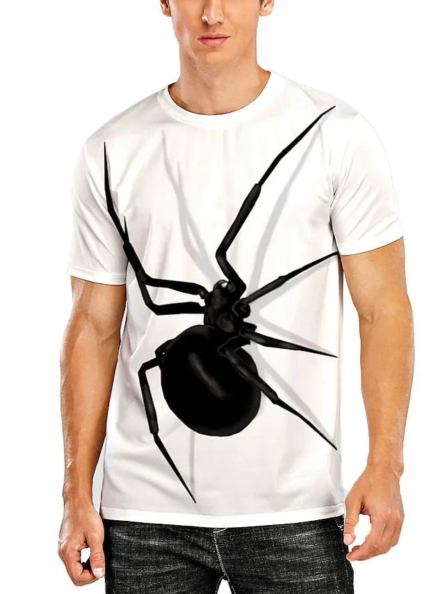 3D Printed Spider Design Men's Tee Shirt in Cream Linen - Unique Vertigo Digital Print Casual Wear for Big and Tall