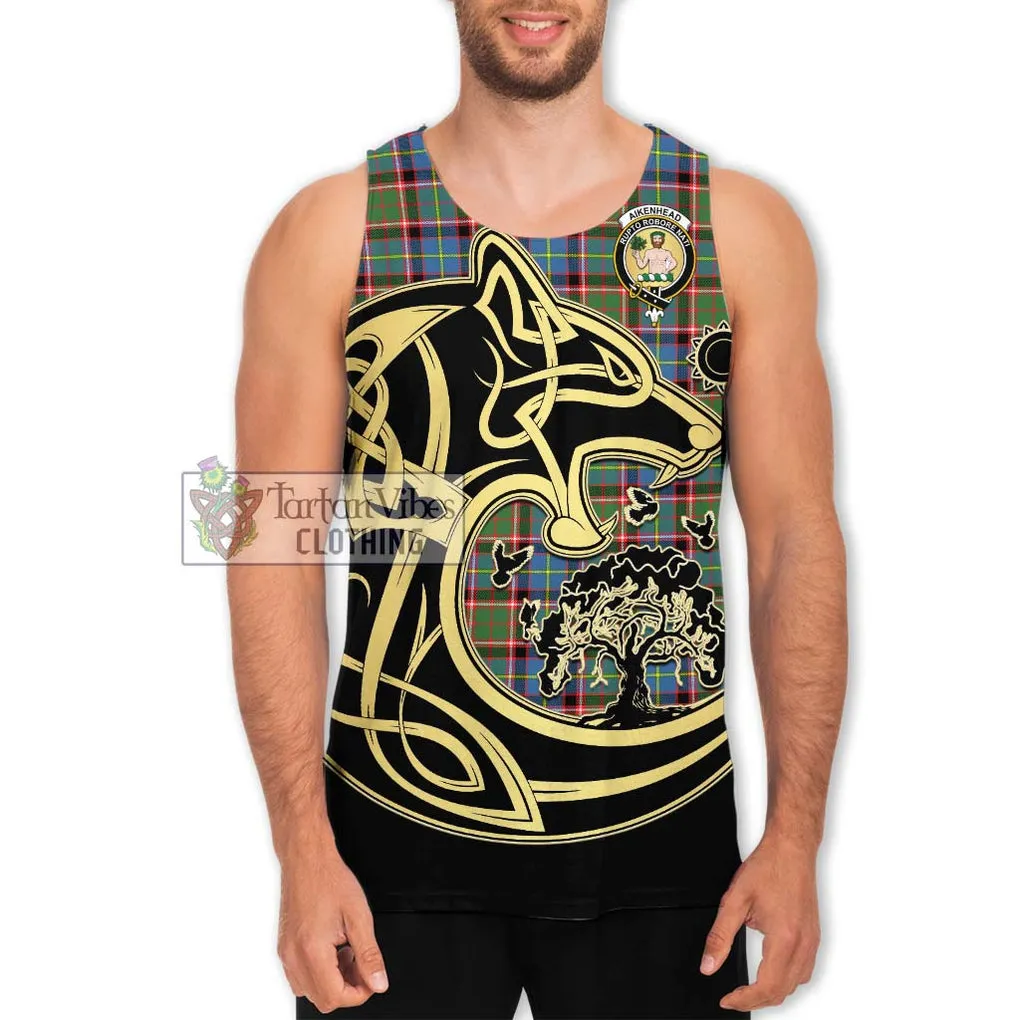 Aikenhead Tartan Men's Tank Top with Family Crest Celtic Wolf Style