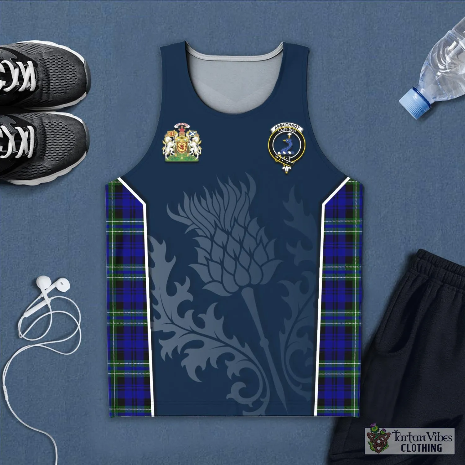 Arbuthnot Modern Tartan Men's Tanks Top with Family Crest and Scottish Thistle Vibes Sport Style