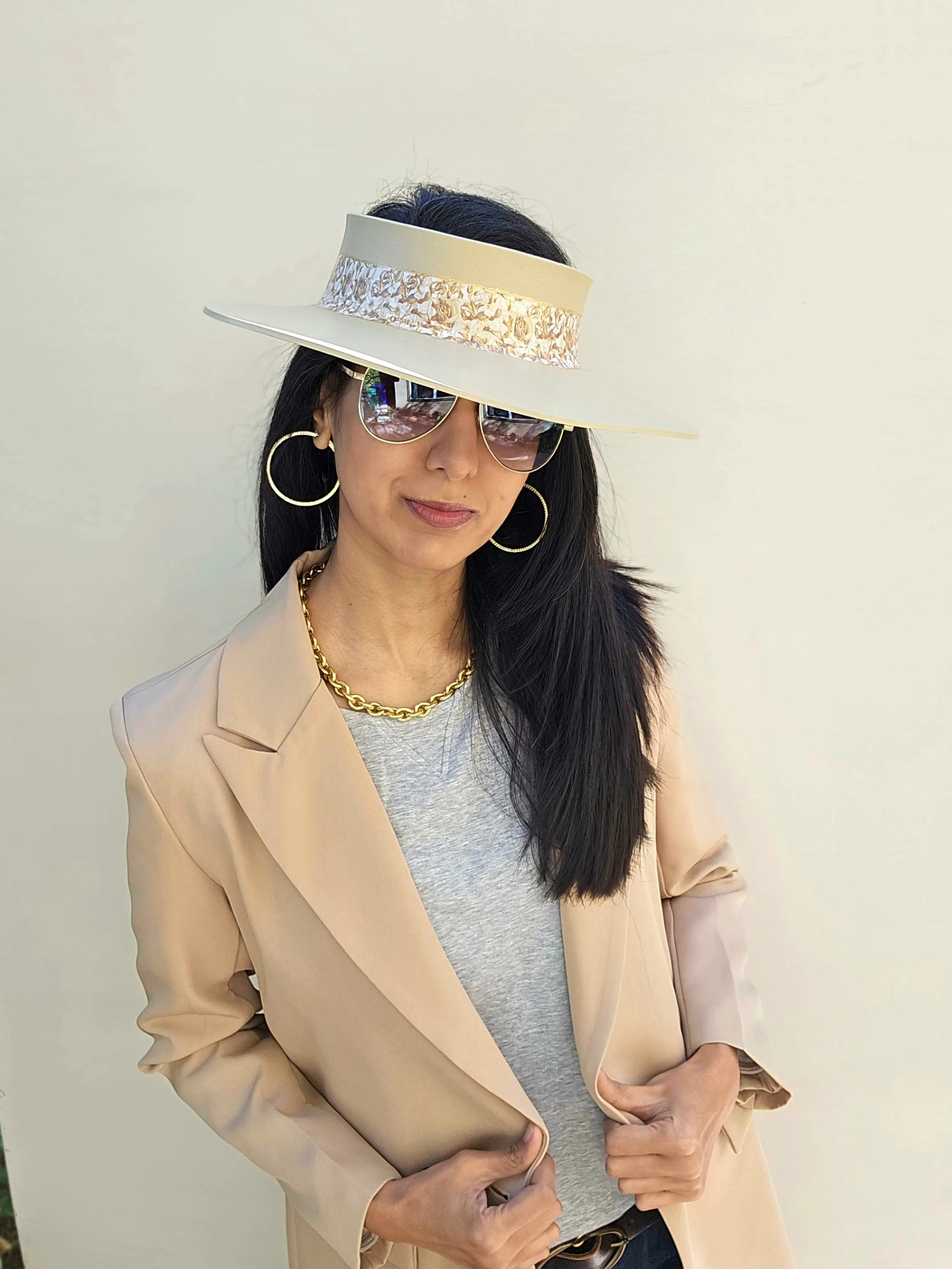 Beige "LadyEVA" Visor Hat with Light Golden Floral Band