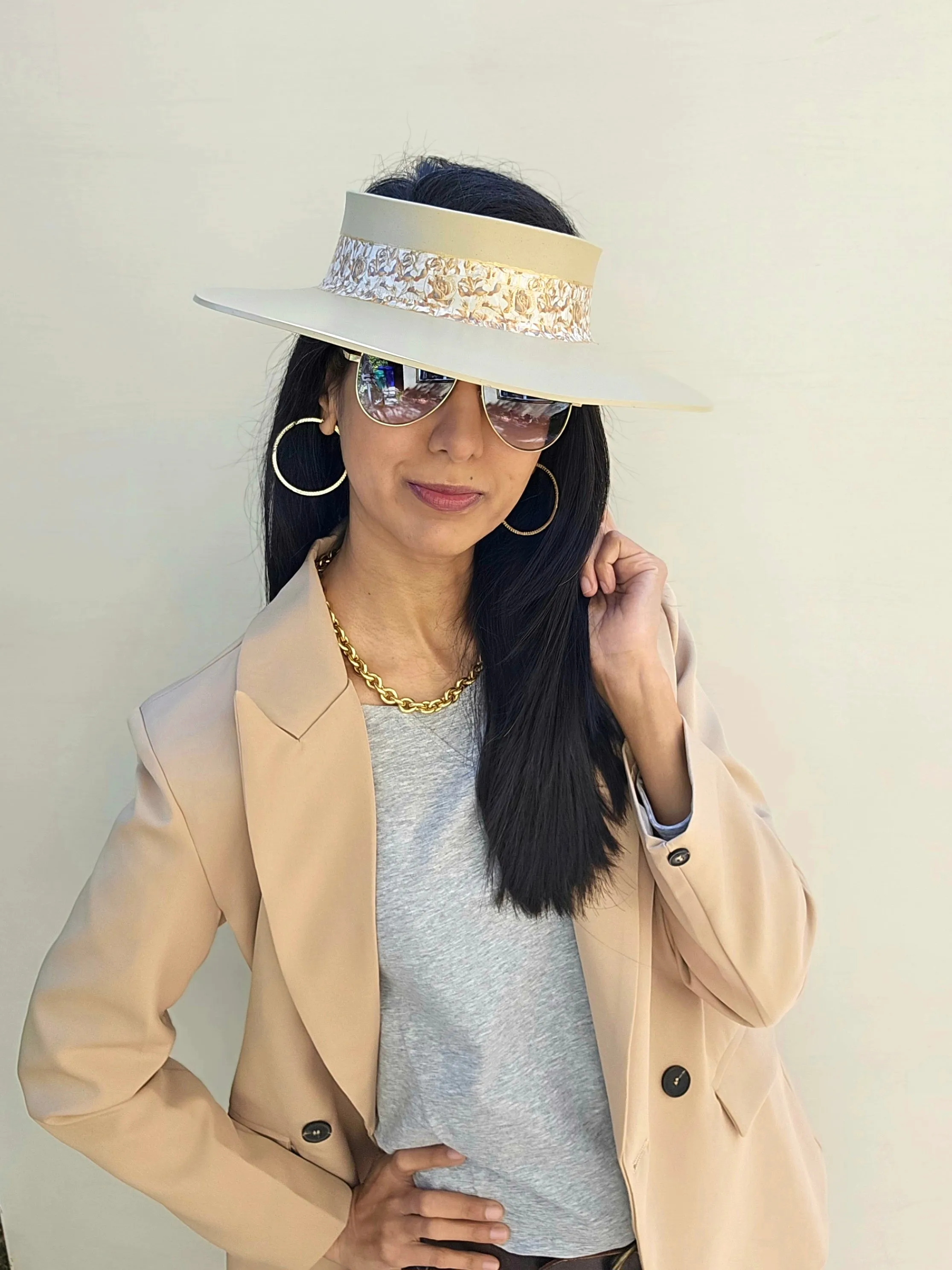 Beige "LadyEVA" Visor Hat with Light Golden Floral Band