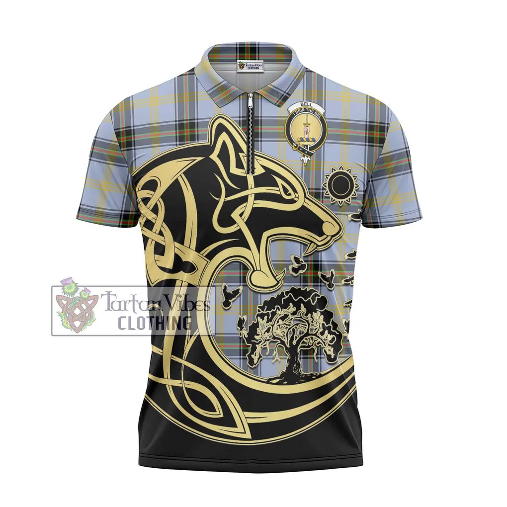 Bell Tartan Zipper Polo Shirt with Family Crest Celtic Wolf Style