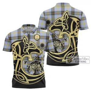 Bell Tartan Zipper Polo Shirt with Family Crest Celtic Wolf Style