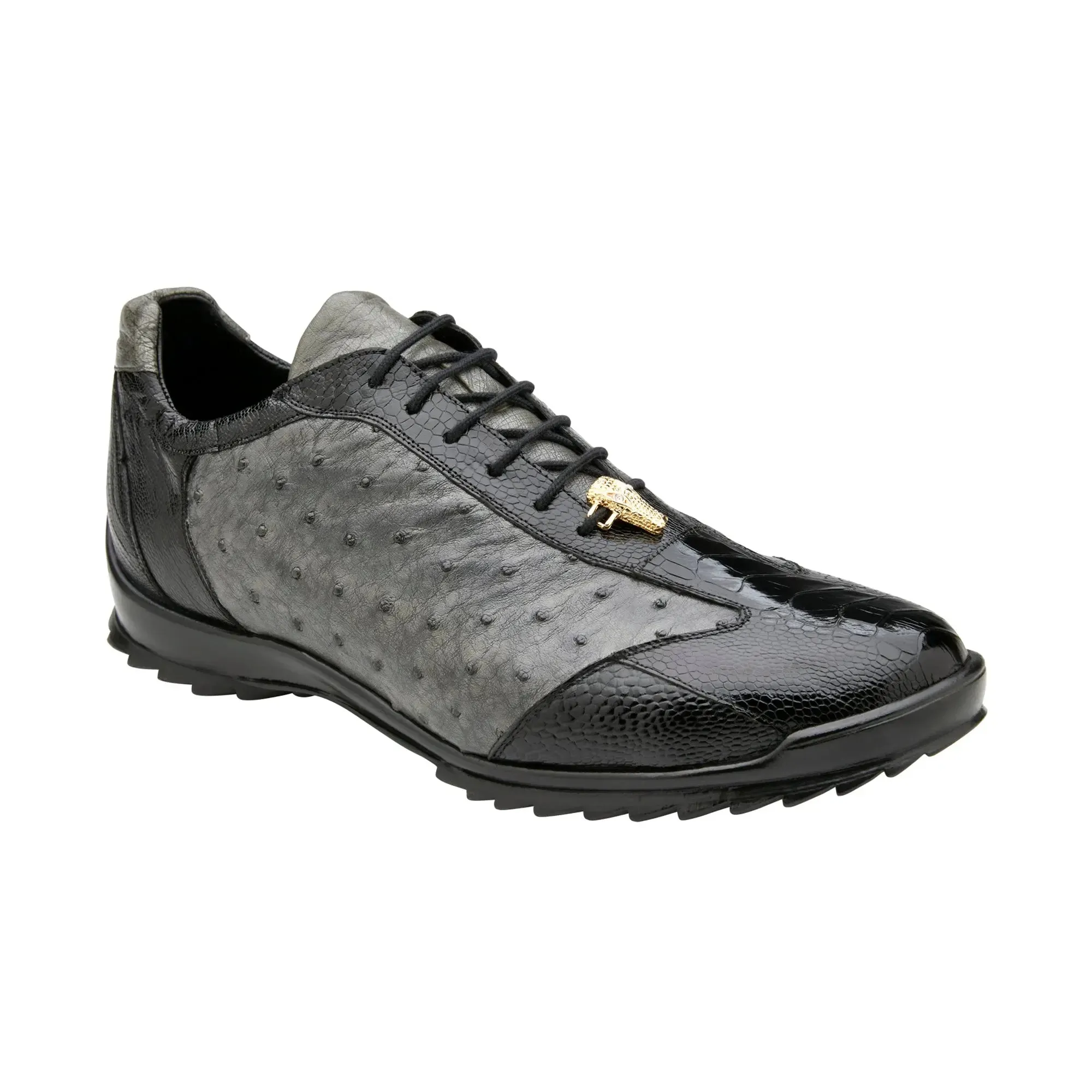 Belvedere Lando in Black / Grey Genuine Ostrich Leg & Italian Calf Sneakers