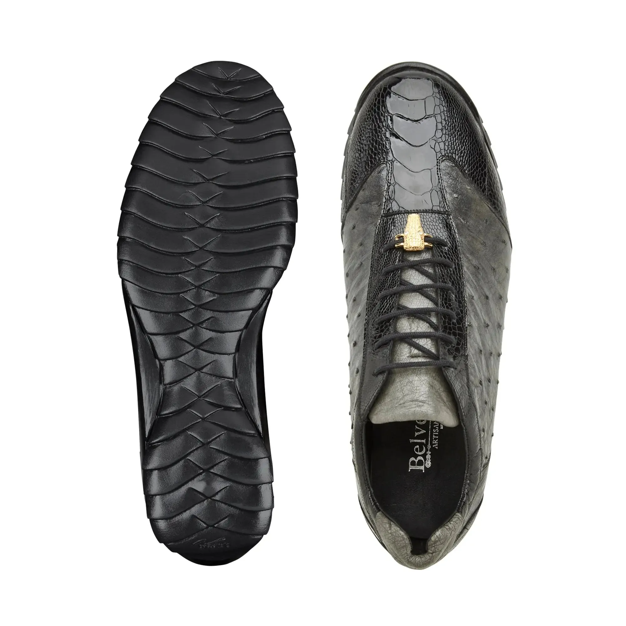 Belvedere Lando in Black / Grey Genuine Ostrich Leg & Italian Calf Sneakers