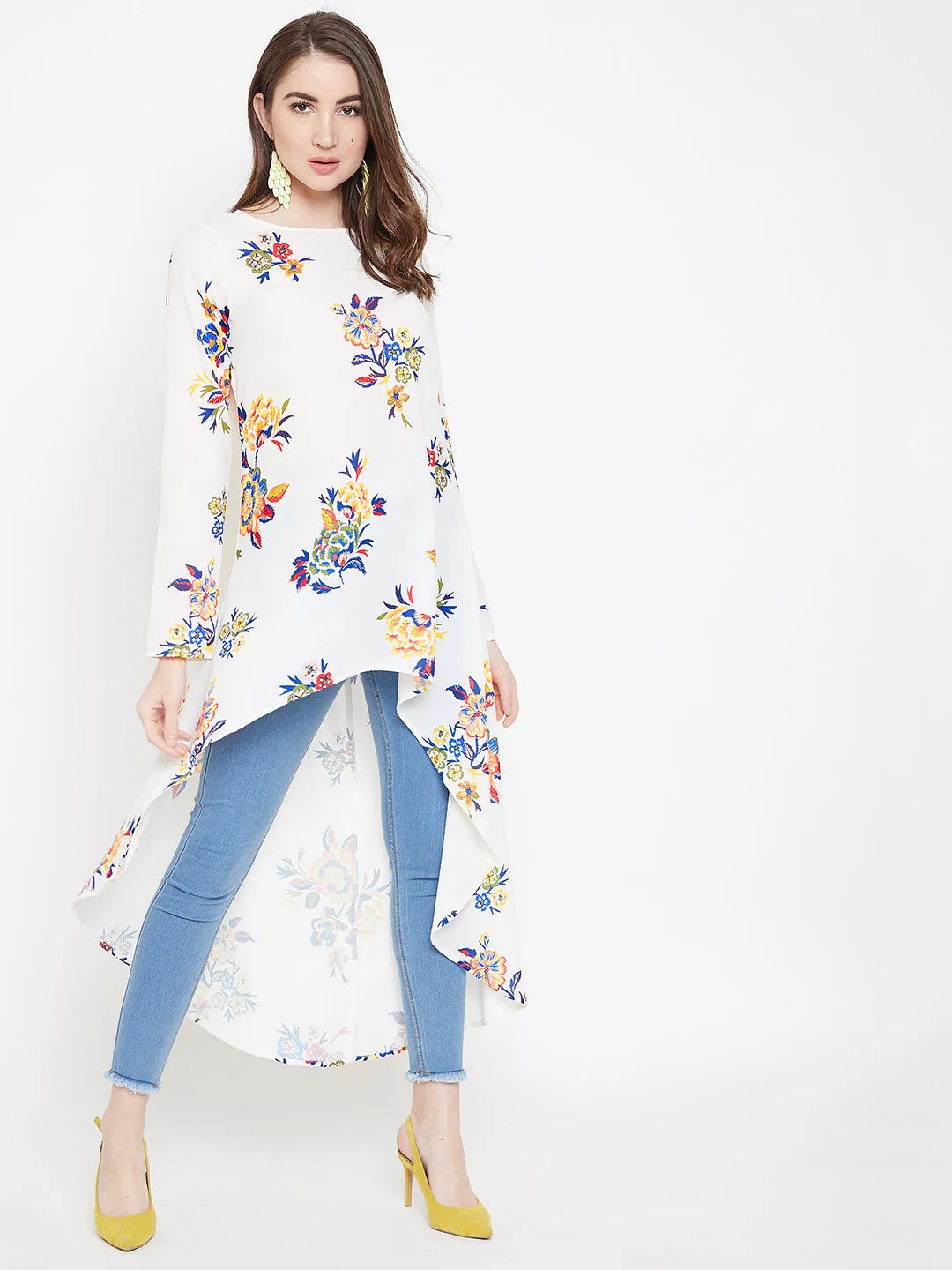 Berrylush Women Off-White Floral Printed Round-Neck Longline High-Low Top