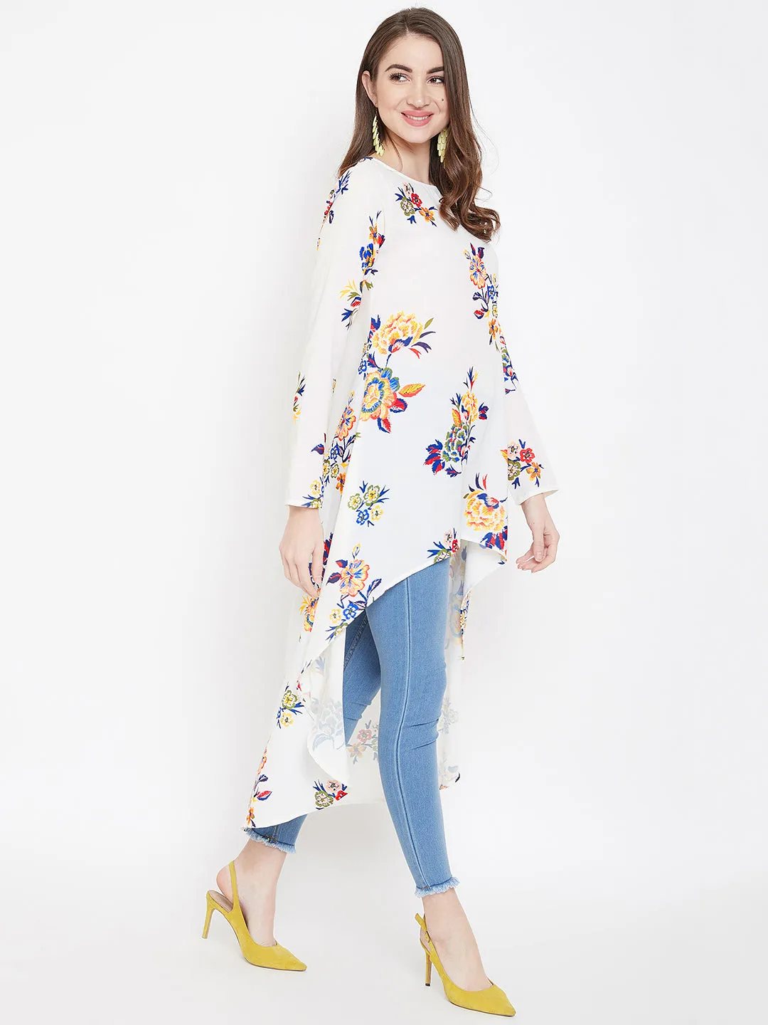 Berrylush Women Off-White Floral Printed Round-Neck Longline High-Low Top