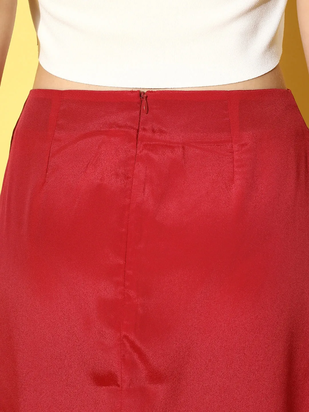 Berrylush Women Solid Red Satin Finish Front Slit Straight Hem A-Line Mini Skirt