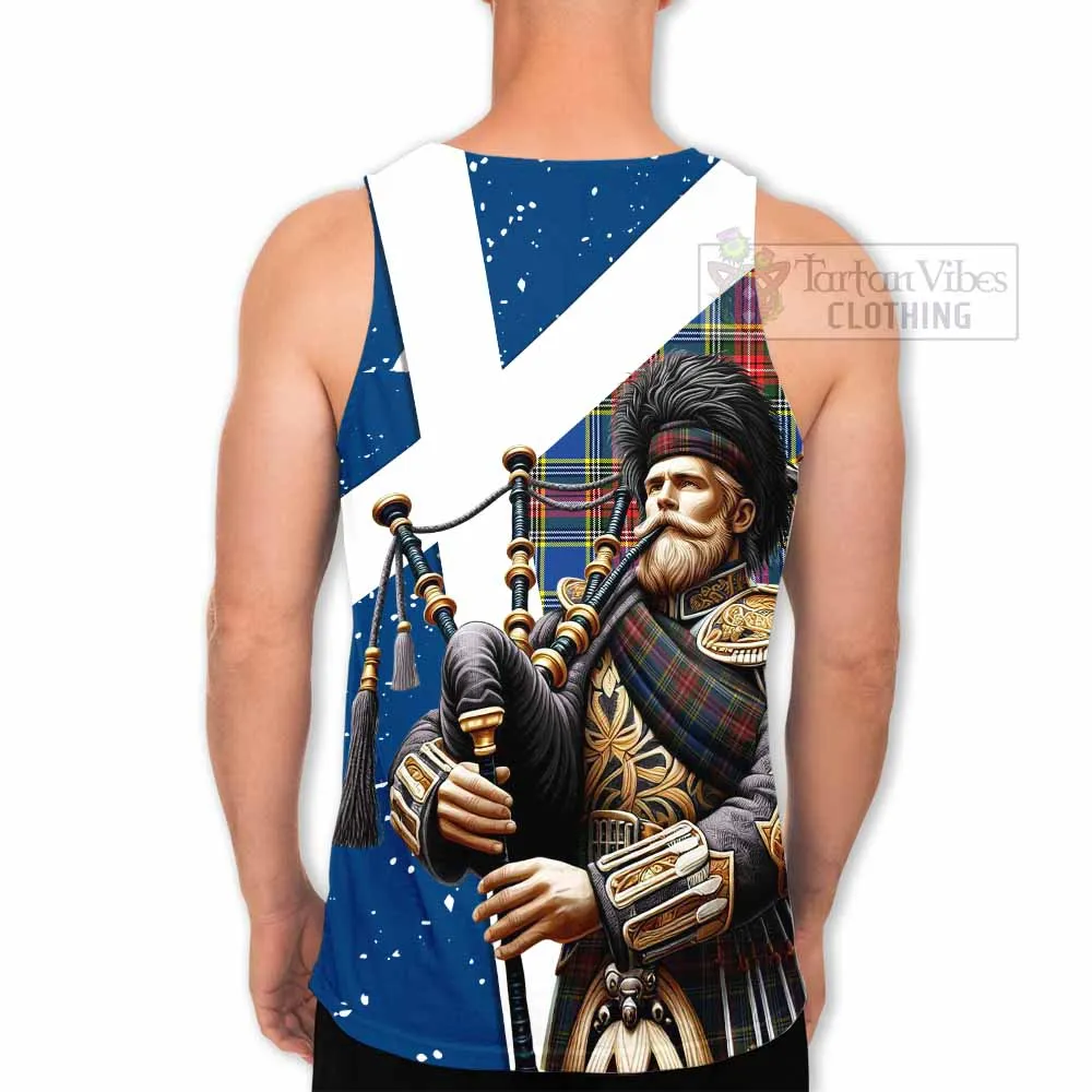 Bethune Tartan Men's Tank Top with Family Crest Scottish Bagpiper Vibes