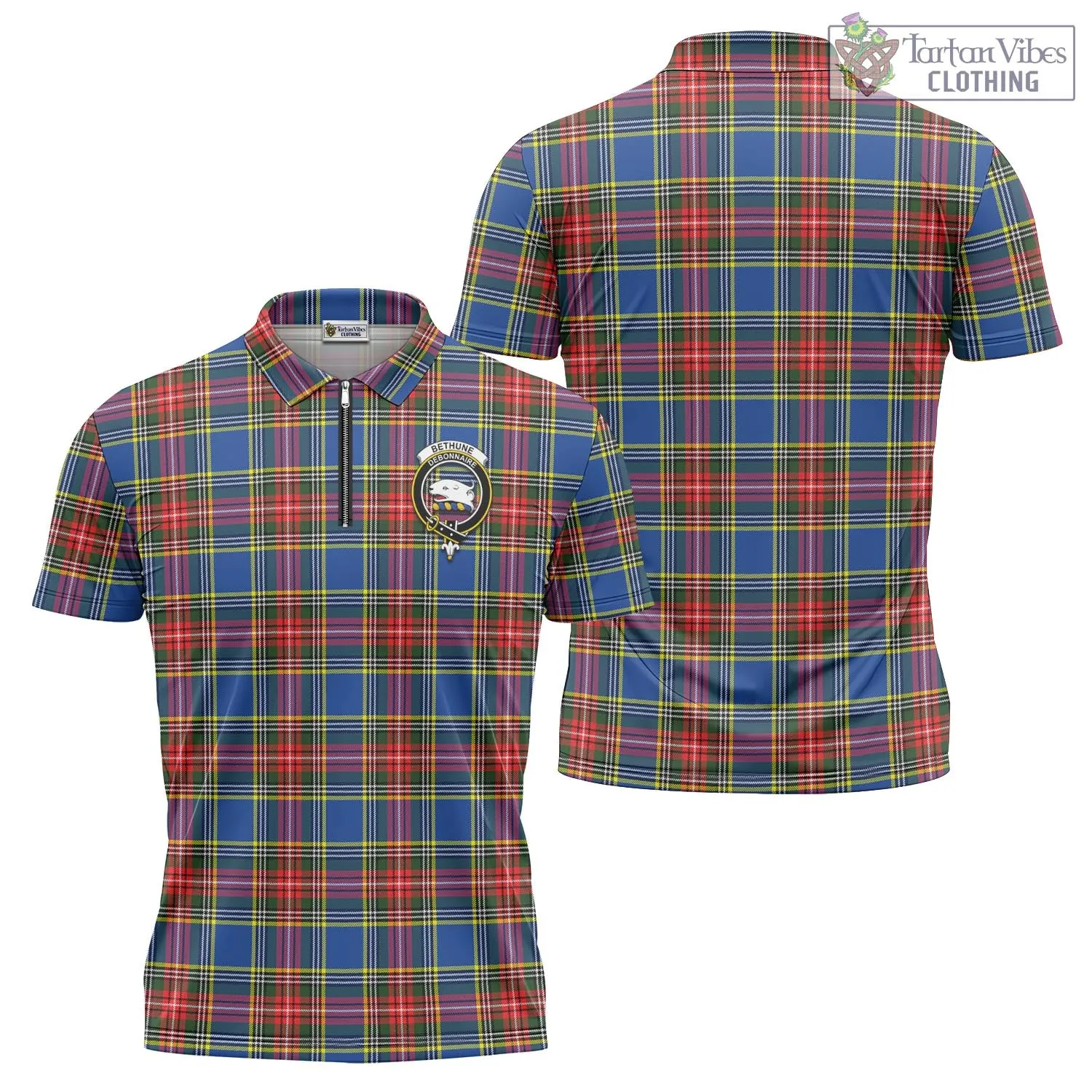 Bethune Tartan Zipper Polo Shirt with Family Crest