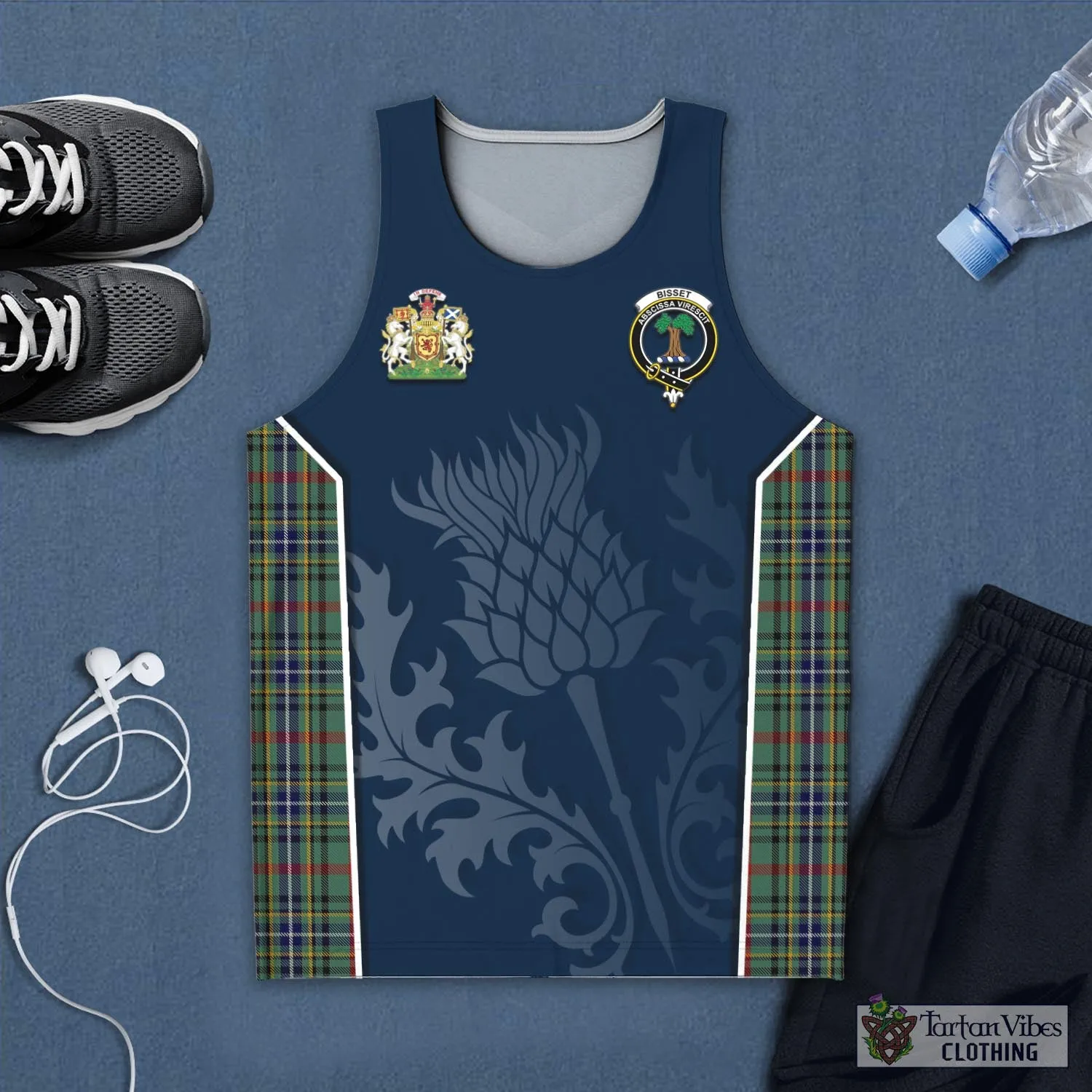 Bisset Tartan Men's Tanks Top with Family Crest and Scottish Thistle Vibes Sport Style