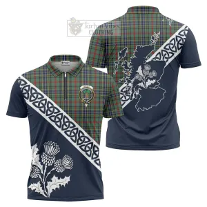 Bisset Tartan Zipper Polo Shirt Featuring Thistle and Scotland Map