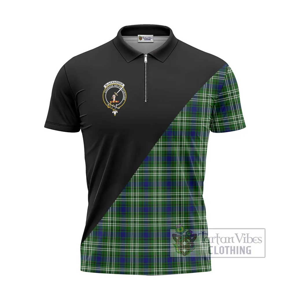 Blackadder Tartan Zipper Polo Shirt with Family Crest and Military Logo Style