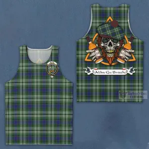 Blyth Tartan Men's Tank Top with Family Crest and Bearded Skull Holding Bottles of Whiskey