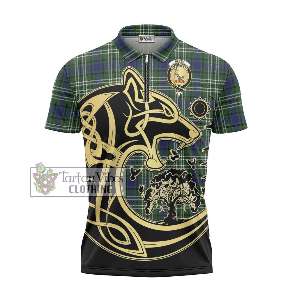 Blyth Tartan Zipper Polo Shirt with Family Crest Celtic Wolf Style