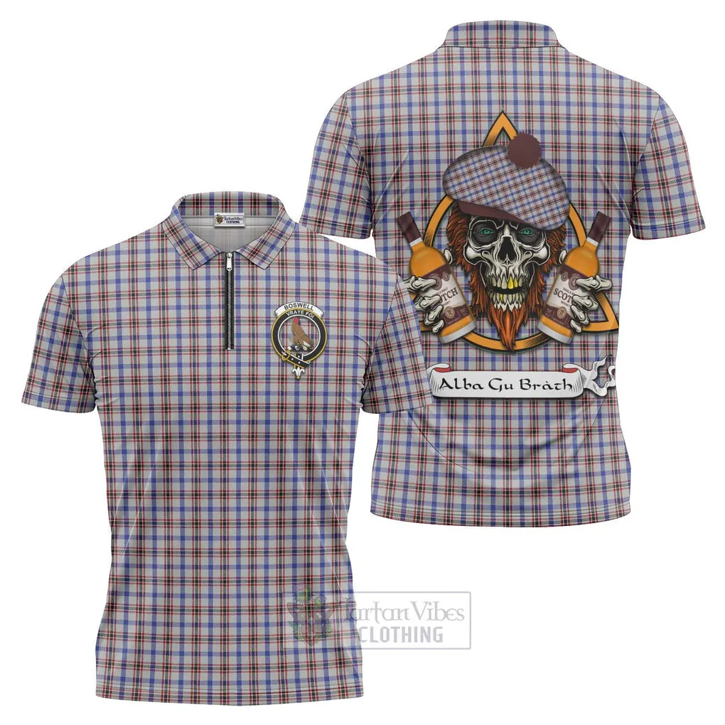 Boswell Tartan Zipper Polo Shirt with Family Crest and Bearded Skull Holding Bottles of Whiskey