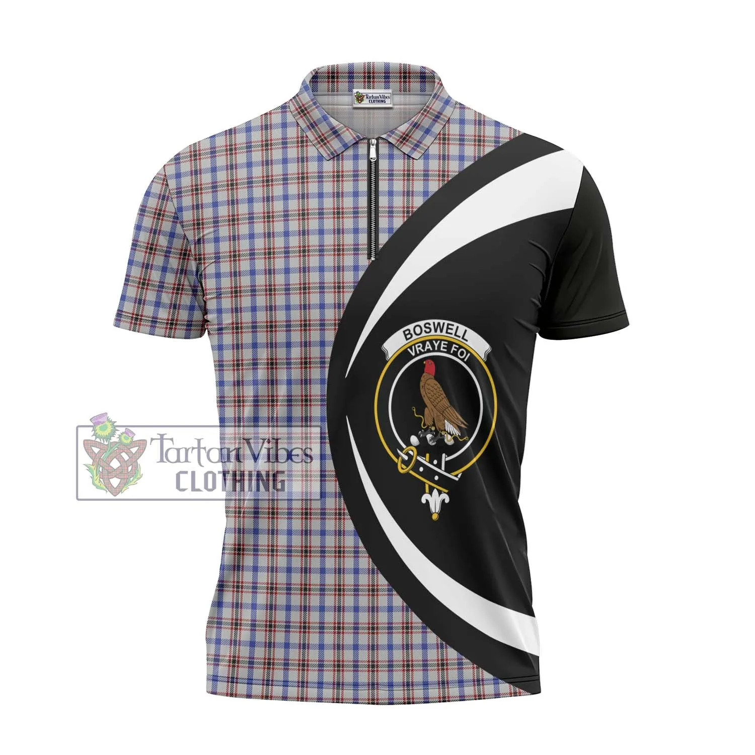 Boswell Tartan Zipper Polo Shirt with Family Crest Circle Style