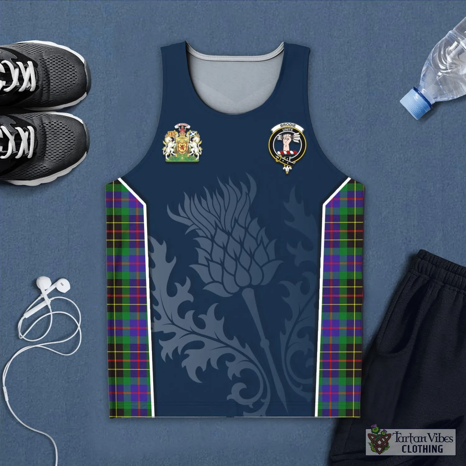 Brodie Hunting Modern Tartan Men's Tanks Top with Family Crest and Scottish Thistle Vibes Sport Style