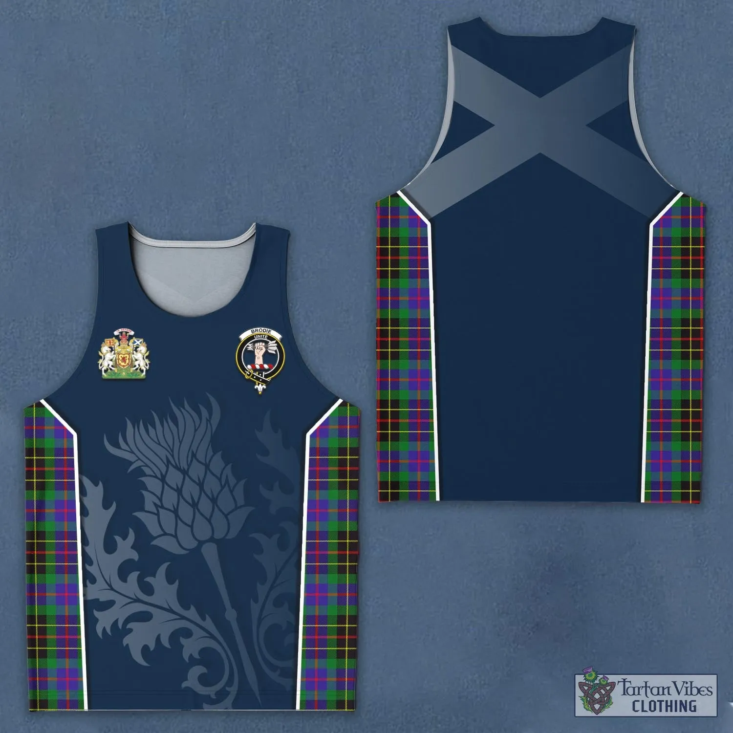 Brodie Hunting Modern Tartan Men's Tanks Top with Family Crest and Scottish Thistle Vibes Sport Style