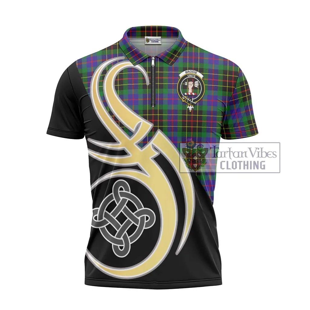 Brodie Hunting Modern Tartan Zipper Polo Shirt with Family Crest and Celtic Symbol Style