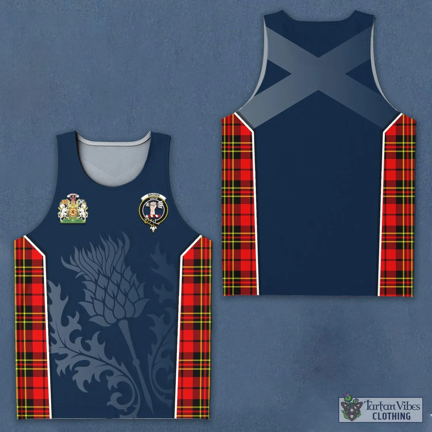 Brodie Modern Tartan Men's Tanks Top with Family Crest and Scottish Thistle Vibes Sport Style