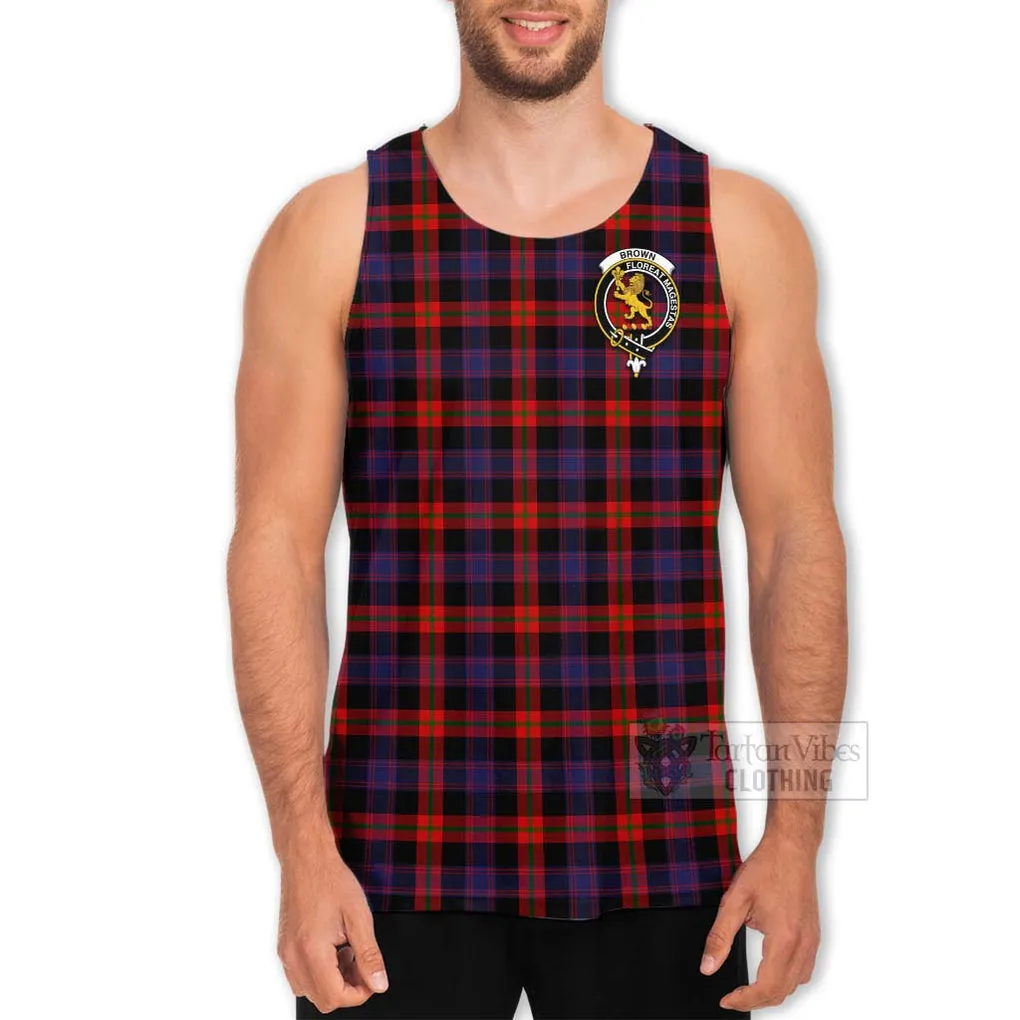 Brown (Broun) Tartan Men's Tank Top with Family Crest and Bearded Skull Holding Bottles of Whiskey