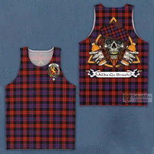 Brown (Broun) Tartan Men's Tank Top with Family Crest and Bearded Skull Holding Bottles of Whiskey