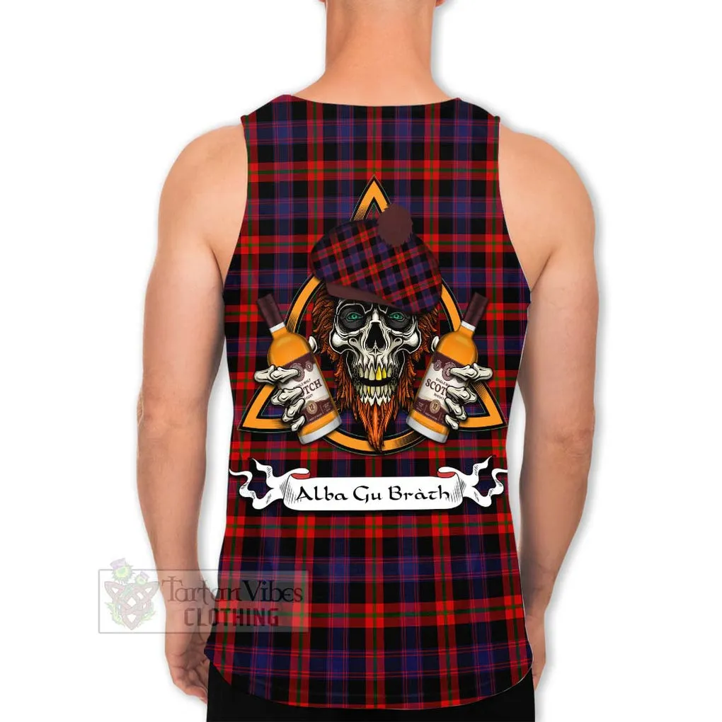 Brown (Broun) Tartan Men's Tank Top with Family Crest and Bearded Skull Holding Bottles of Whiskey