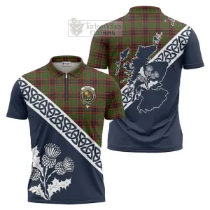 Buchan Tartan Zipper Polo Shirt Featuring Thistle and Scotland Map