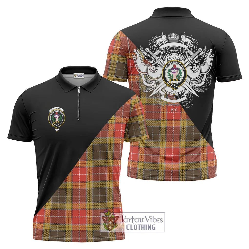 Buchanan Old Set Weathered Tartan Zipper Polo Shirt with Family Crest and Military Logo Style