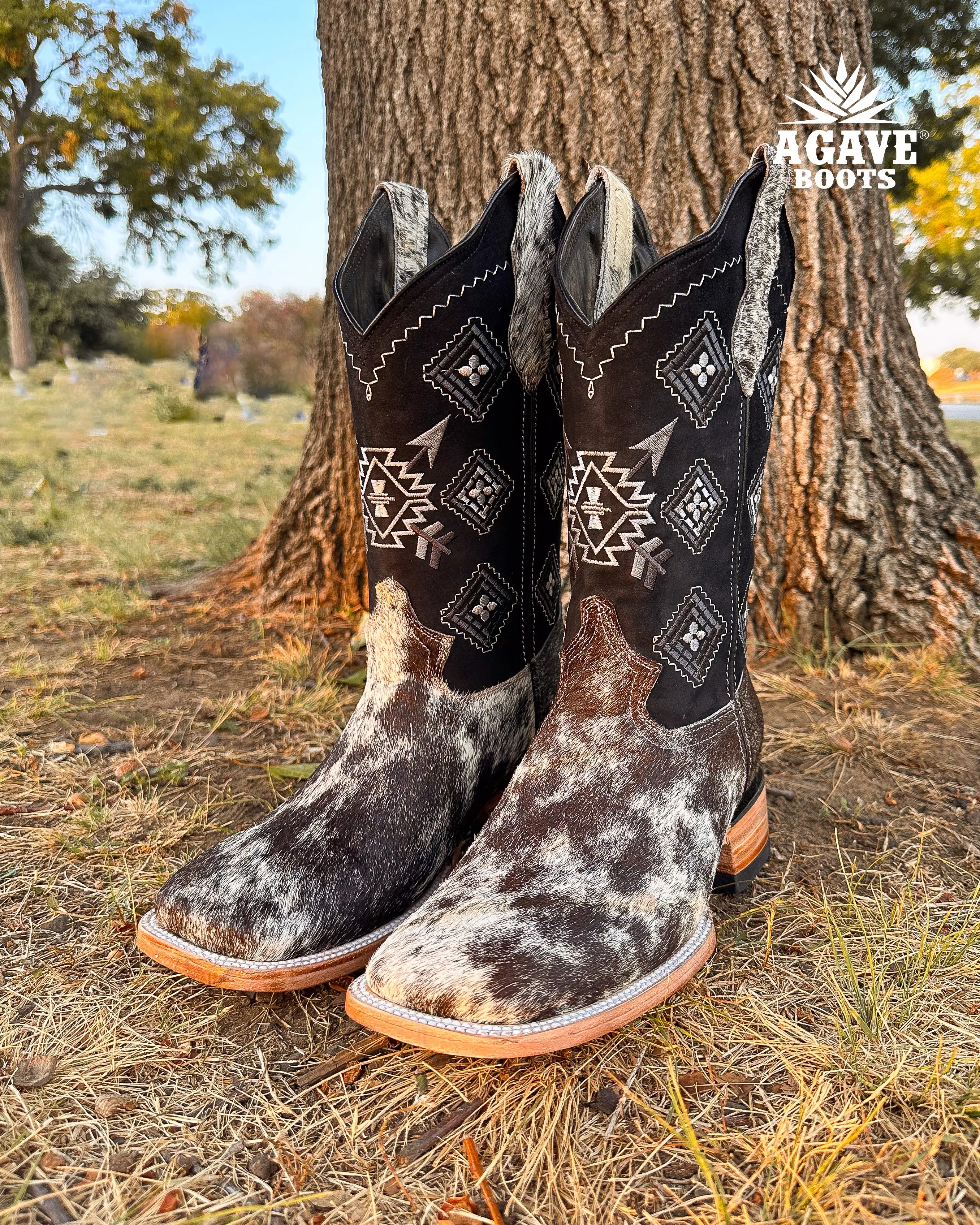 COWHIDE BLACK AZTEC  | MEN SQUARE TOE WESTERN COWBOY BOOTS