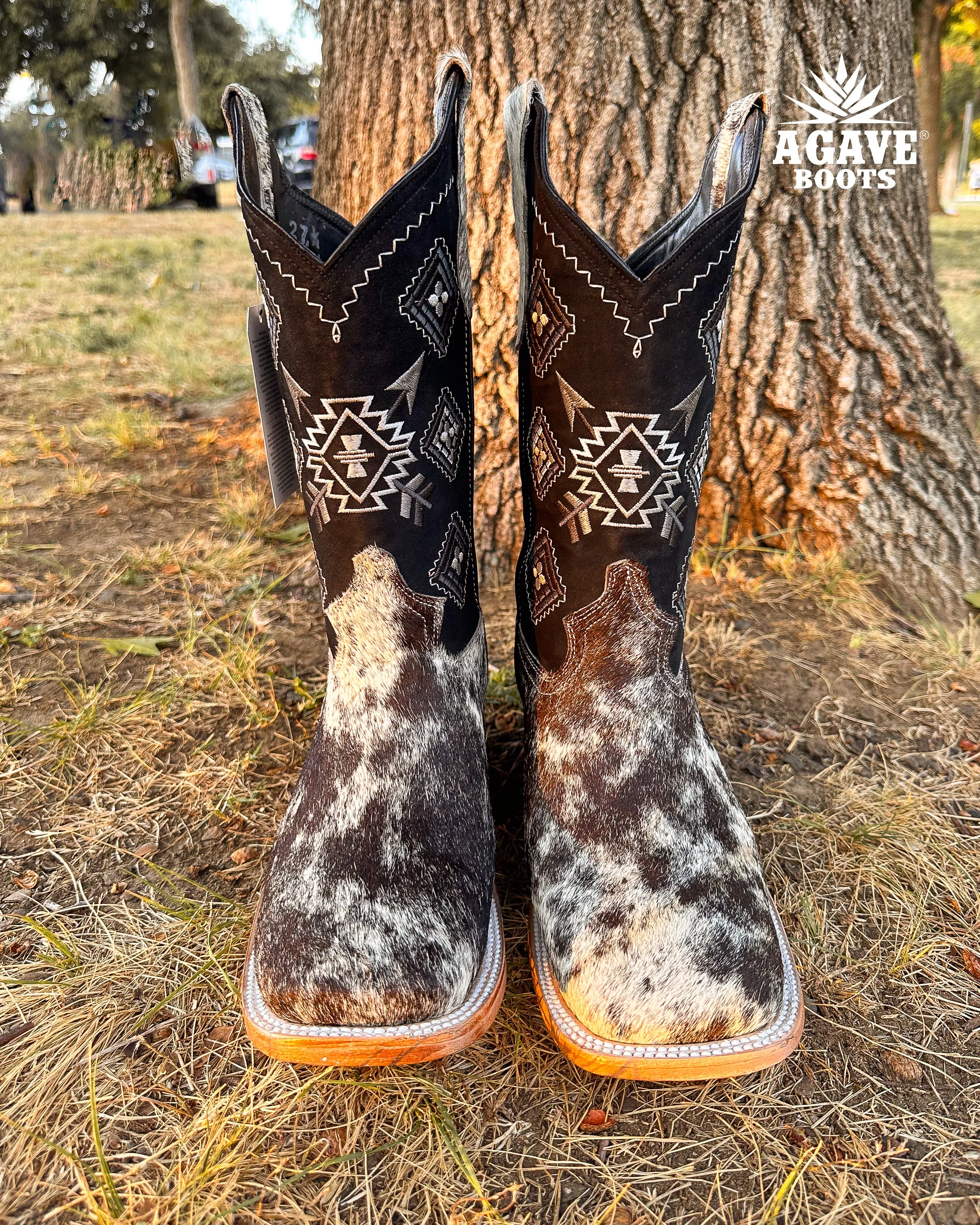 COWHIDE BLACK AZTEC  | MEN SQUARE TOE WESTERN COWBOY BOOTS