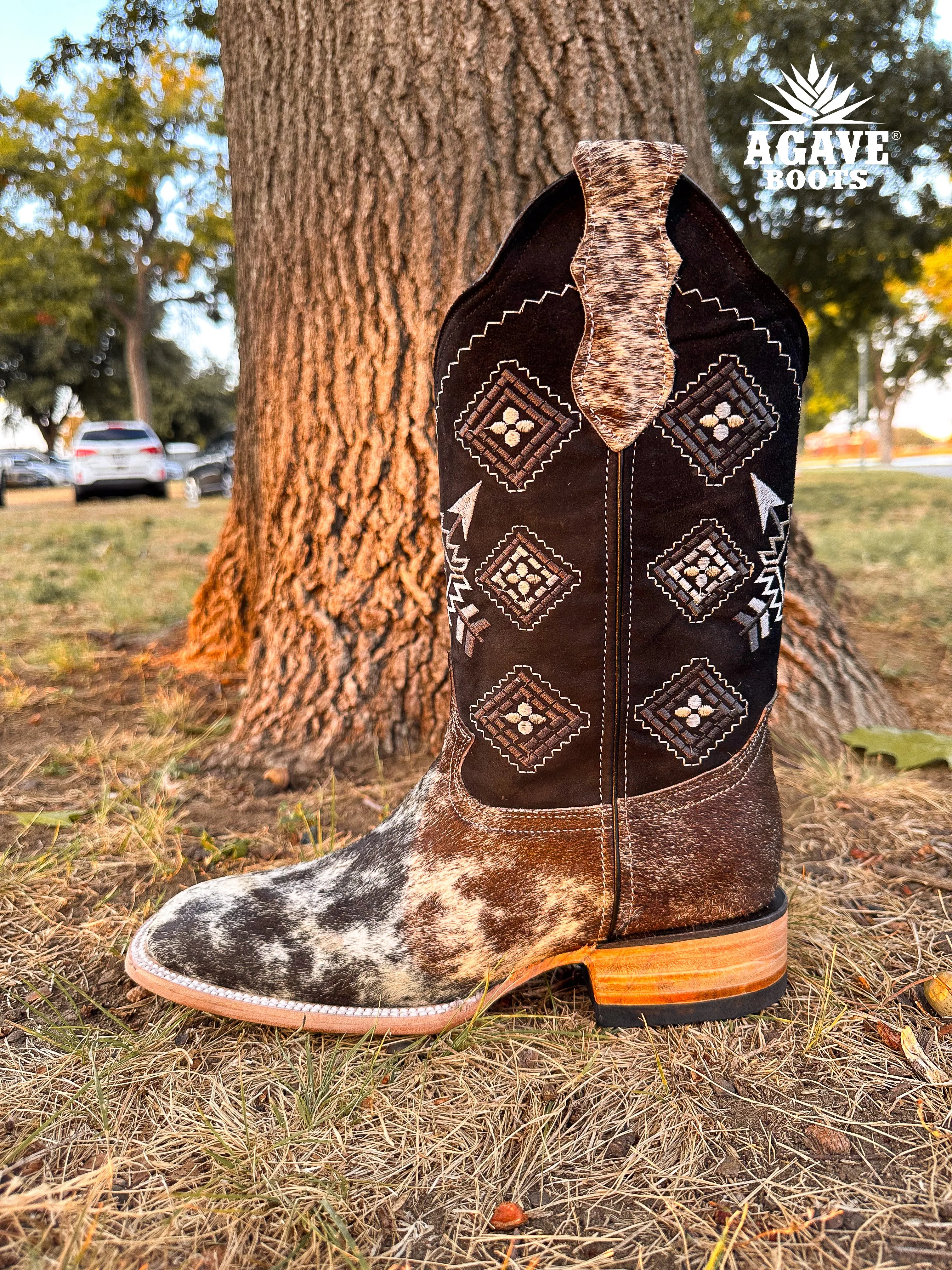 COWHIDE BLACK AZTEC  | MEN SQUARE TOE WESTERN COWBOY BOOTS