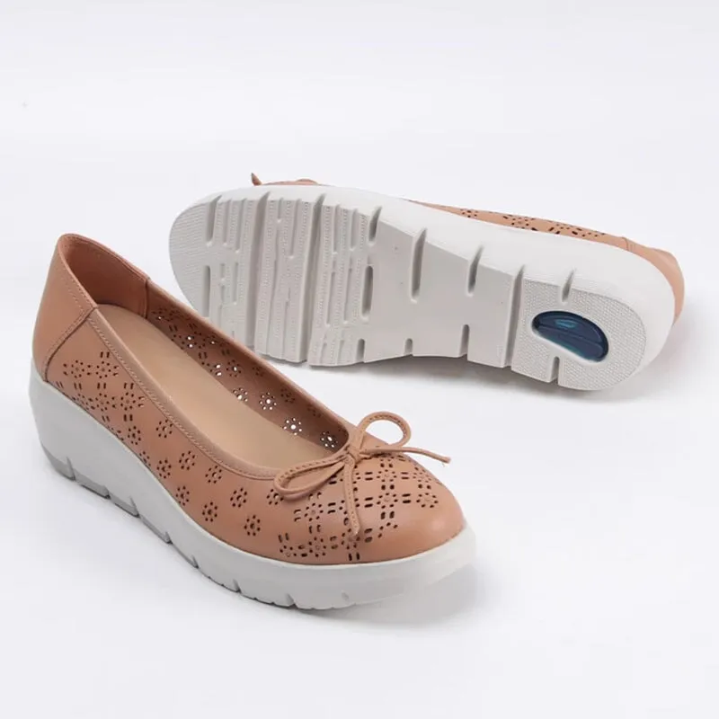 Cut Out Bowknot-Detailed Soft Leather Loafers for Women Light Wedge Heel in Apricot/White