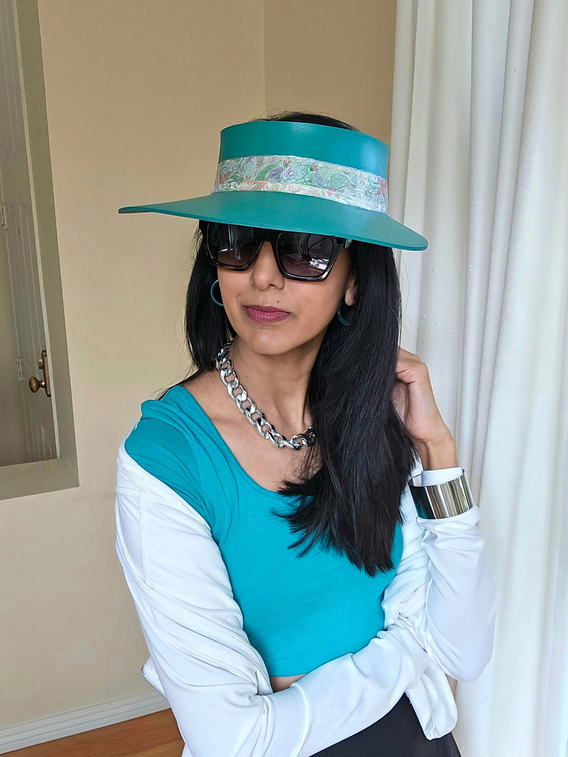 Emerald Green LadyEVA Visor Hat with Pastel Floral Band