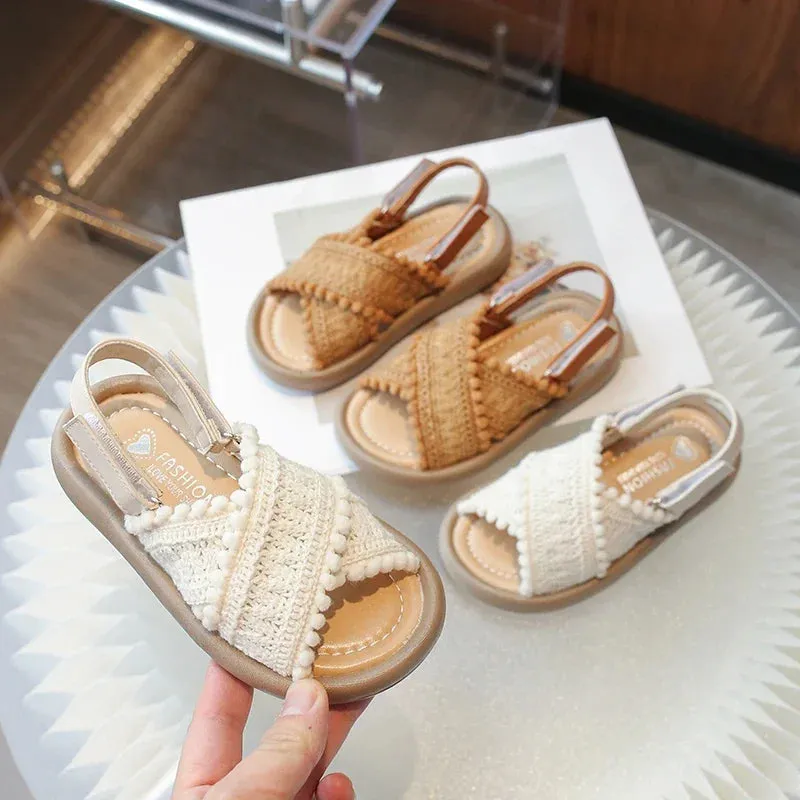 Girls Summer Beach Shoes Ethnic Style Kids Casual Sandals Soft Sole Fashion Children Retro Princess Shoes 2024 Summer New