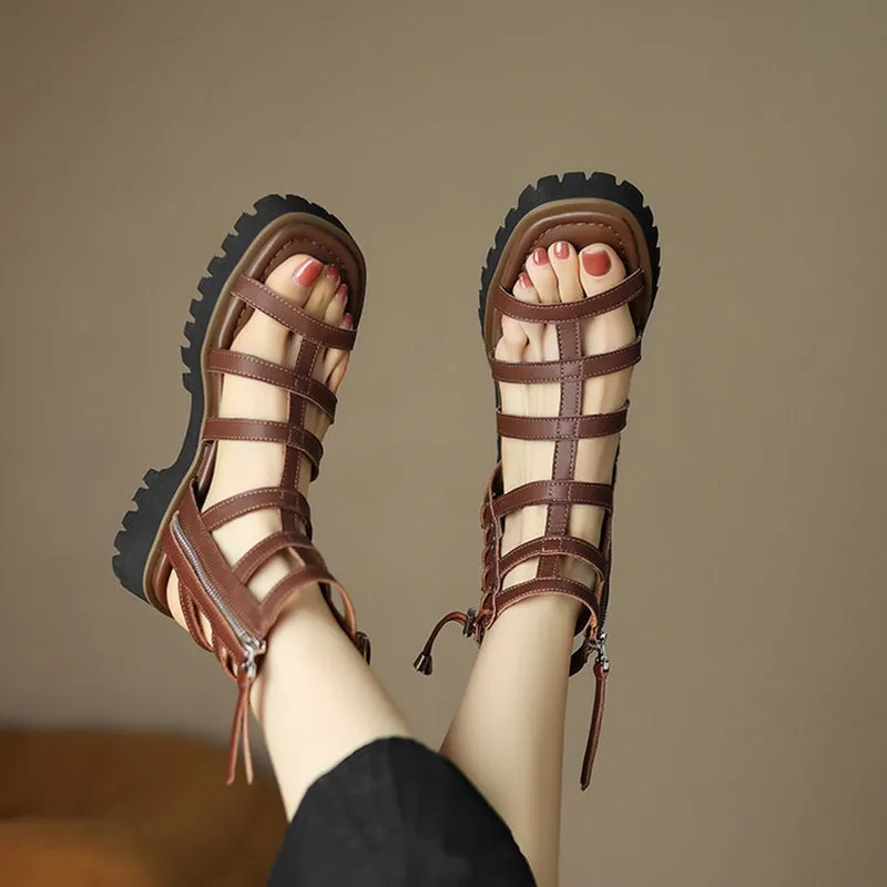 Gladiator Sandals Women Cow Leather Platform Shoes Drawstring Side Zipper Closure Summer Ladies Shoes Handmade 07119