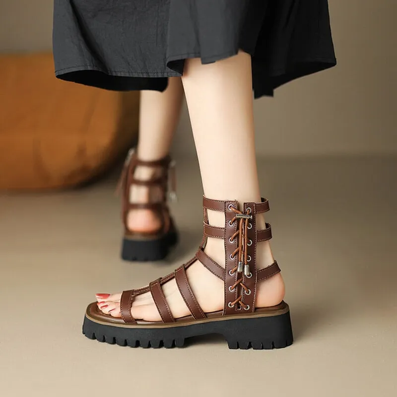 Gladiator Sandals Women Cow Leather Platform Shoes Drawstring Side Zipper Closure Summer Ladies Shoes Handmade 07119