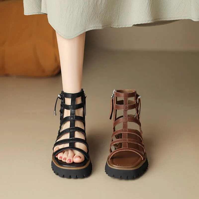 Gladiator Sandals Women Cow Leather Platform Shoes Drawstring Side Zipper Closure Summer Ladies Shoes Handmade 07119