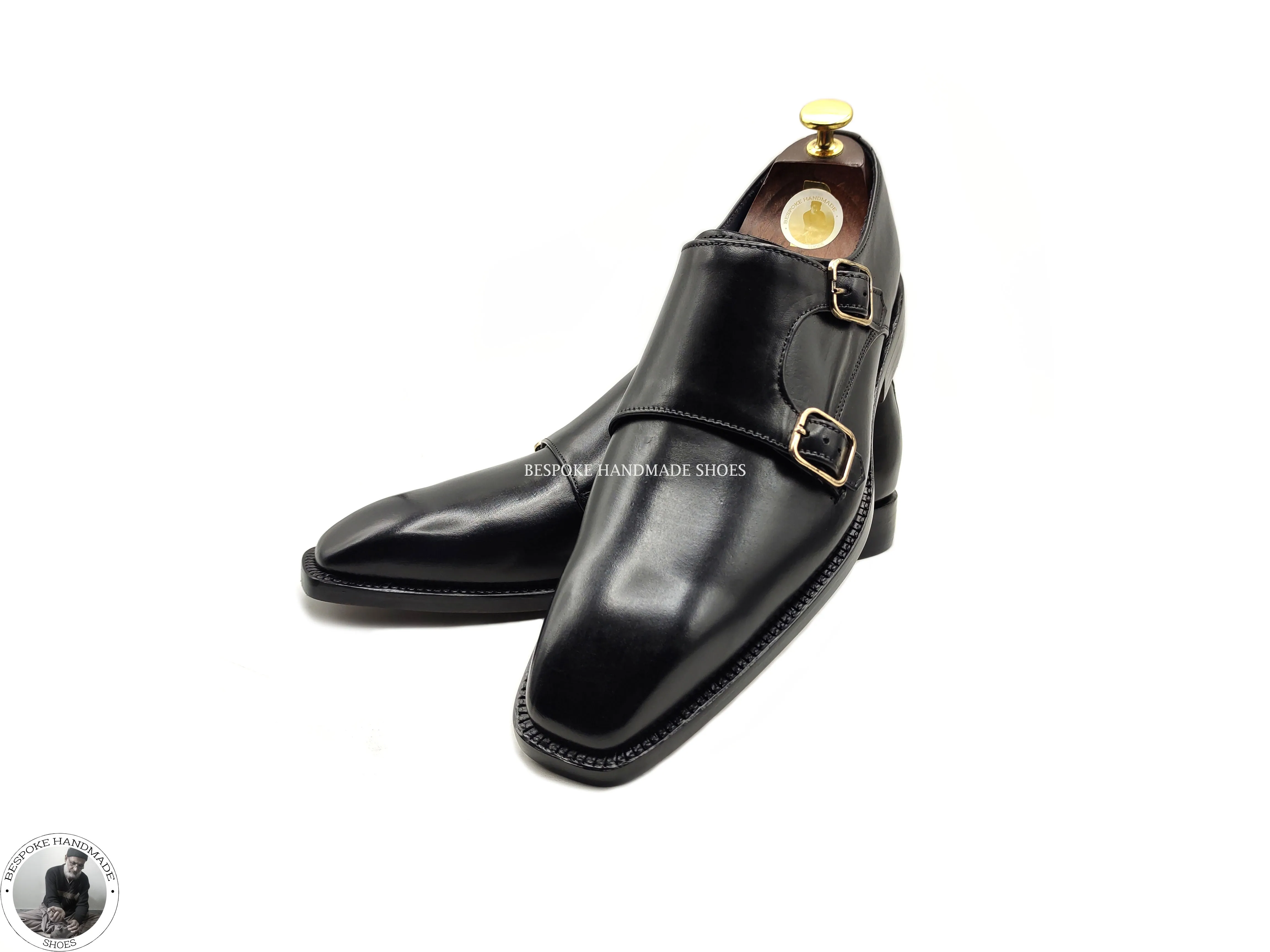 Handmade Bespoke Genuine Black Leather Double Monk Strap Wholecut Casual Shoes For Men's