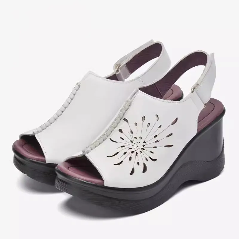 Handmade Leather 70mm Platform Sandals For Women Cut Out in Black/White/Bule/Red