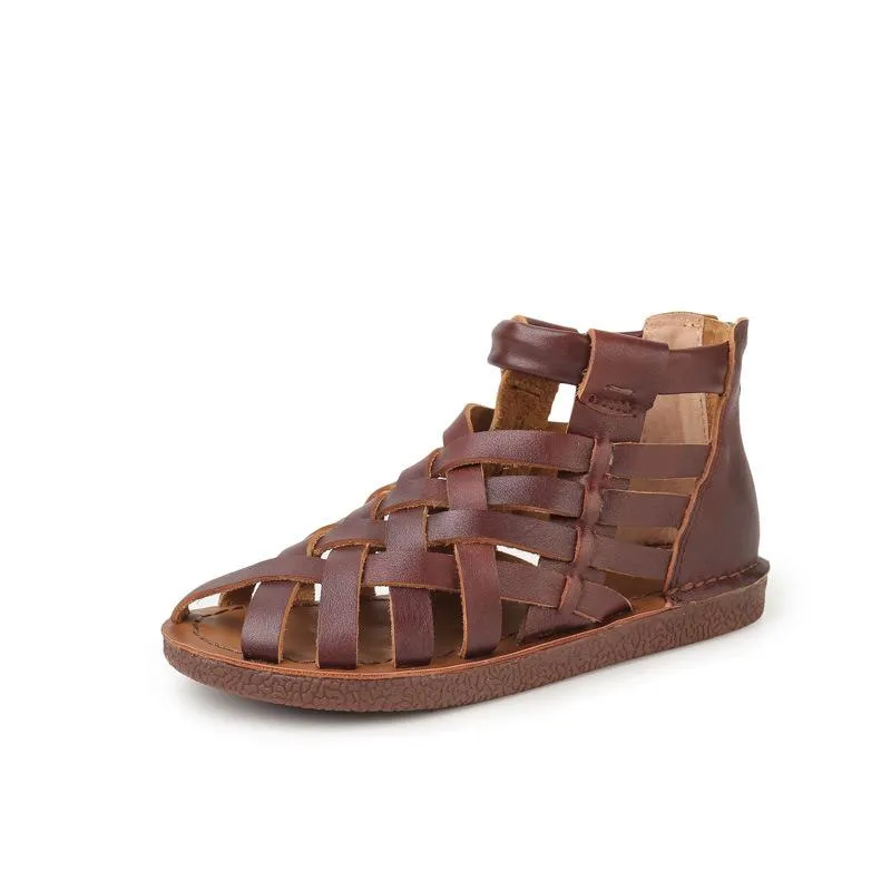 Handmade Leather Gladiator Sandals Retro Woven Open-toe Flat Shoes in Coffee/Brown/Apricot