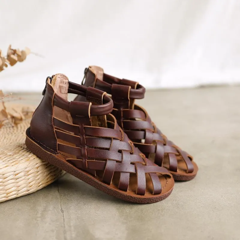 Handmade Leather Gladiator Sandals Retro Woven Open-toe Flat Shoes in Coffee/Brown/Apricot