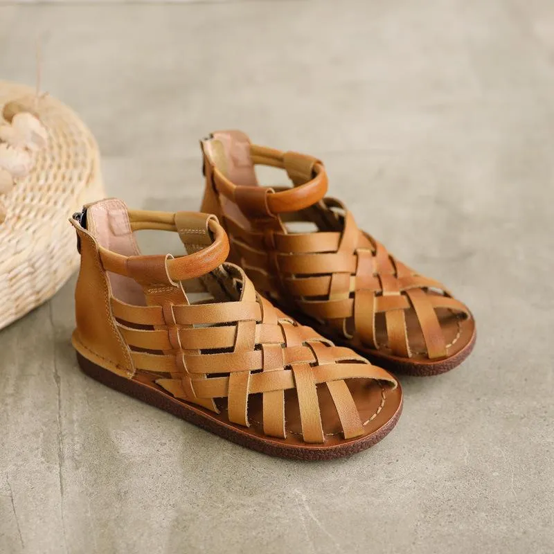 Handmade Leather Gladiator Sandals Retro Woven Open-toe Flat Shoes in Coffee/Brown/Apricot