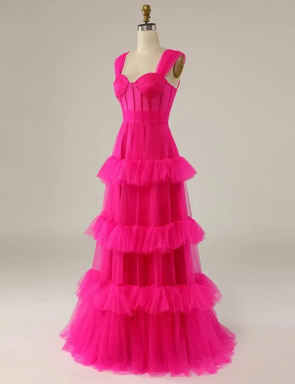 Hot Pink Sweetheart Multi Layers Tulle Prom Dresses Formal Dresses PSK310