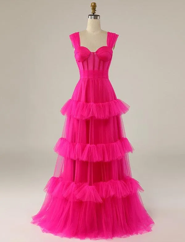 Hot Pink Sweetheart Multi Layers Tulle Prom Dresses Formal Dresses PSK310