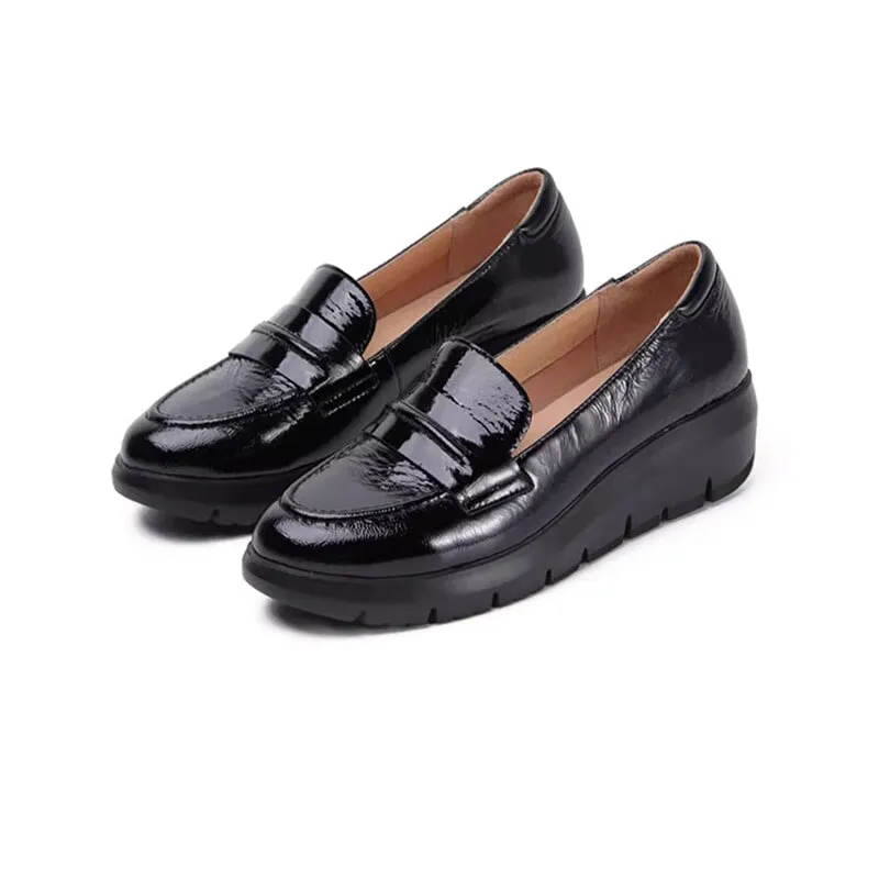 Italian Sheepskin Penny Loafers Handmade Uniform Shoes Wedge Heel in Black/Apricot