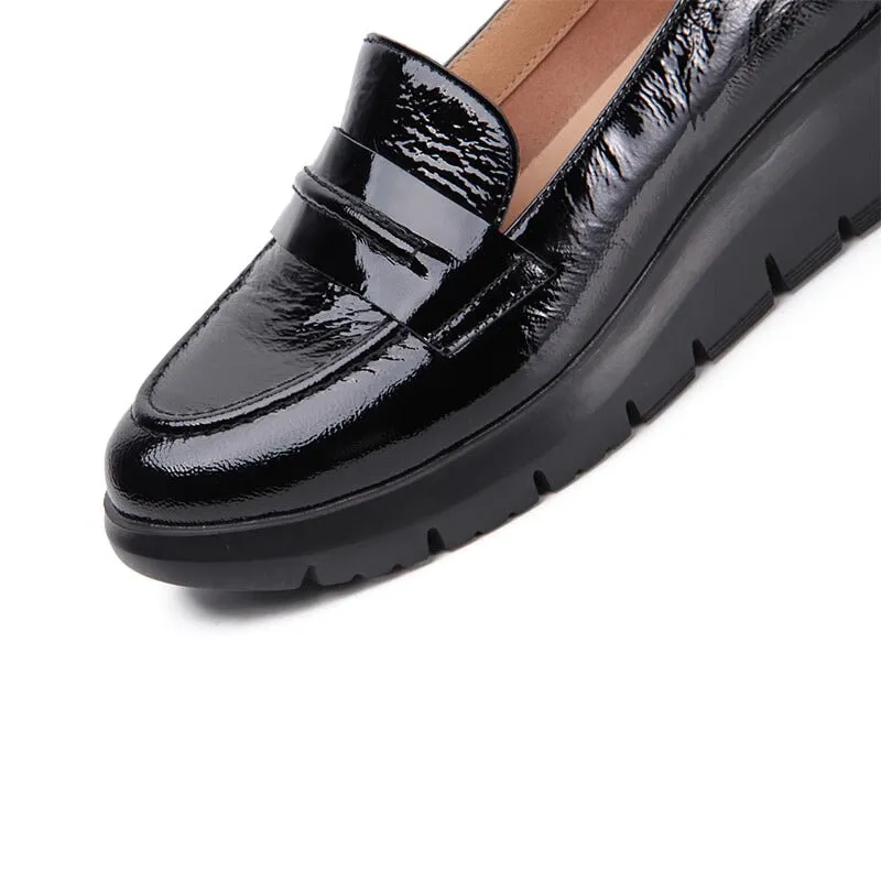 Italian Sheepskin Penny Loafers Handmade Uniform Shoes Wedge Heel in Black/Apricot